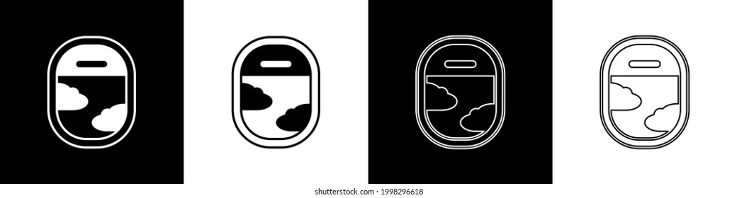 Set Airplane window icon isolated on black and white background. Aircraft porthole.  Vector