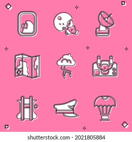 Set Airplane window, Modern pilot helmet, Radar, World travel map, Storm, Aircraft steering, Parachute and Pilot hat icon. Vector
