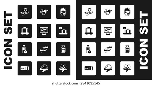 Set Airplane window, Plane, Conveyor belt with suitcase, search, Scale, Globe flying, Suitcase and No water bottle icon. Vector