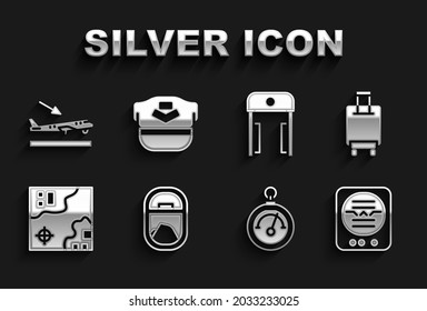 Set Airplane window, Suitcase, Attitude indicator, Barometer, World travel map, Metal detector airport, Plane landing and Pilot hat icon. Vector
