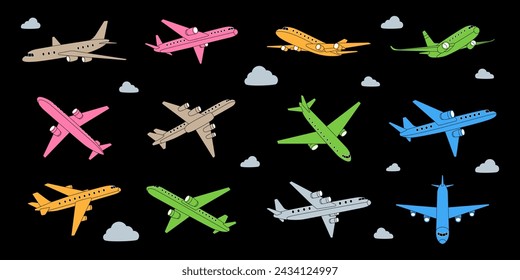 Set of airplanes. Air transport. Air flight symbol. Passenger airplanes. Vector illustration.