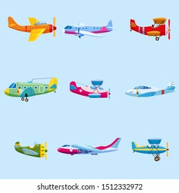 Set of airplanes aircraft different colour. Retro, personal, cargo, speed, biplane, monoplane. Vector isolated cartoon style