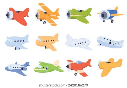 Set of airplanes in cartoon style. Cute colorful air transport. Beautiful baby illustration. Vector illustration