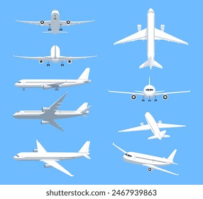 Set of Airplanes in different angles. Top and side view of passenger jet or cargo aircraft flying in sky. Icons with planes and air transport. flat vector illustrations isolated on background