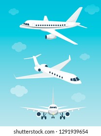 Set of airplanes with different angles. Vector illustration. Flat cartoon style.