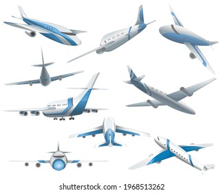 Set of airplanes in different positions for commercial aviation fleet. Aircraft transport. Civil aircraft journey and aviation symbols. Wing flight transport