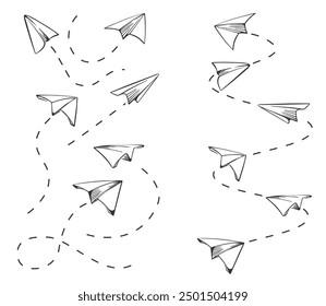 Set Airplanes drawn in sketch with chalk on the background of the white board. Paper plane aircraft doodle.  With copy space in the center  hand drawn. Vector