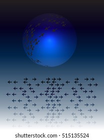 Set of airplanes flying over globe. Isolated vector illustration. Air transport, travel. Graphic aircraft in flat style.