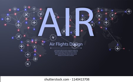 Set of airplanes flying over world map. Destinations of plane flight. Aviation routes concept. Dotted Direction Paths And Map Pointers Over World map. Template For Plane Tracking Design.Modern design