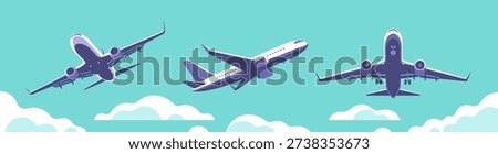A set of airplanes gaining altitude among the clouds. Vector illustration in a minimalistic style.