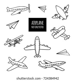 Set of airplanes hand-drawn. The contours of the aircraft in Doodle style on white background. You can decorate.