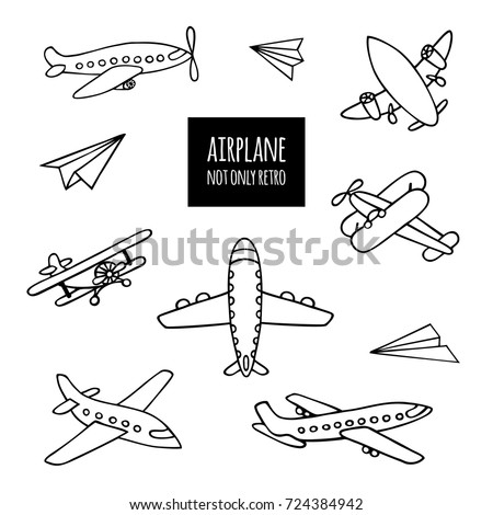 Set of airplanes hand-drawn. The contours of the aircraft in Doodle style on white background. You can decorate.
