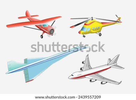 Set of airplanes and helicopters on a white background. Vector 3d illustration