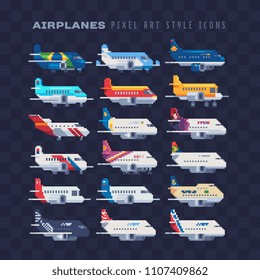 Set of airplanes icons pixel art 80s style, planes air transport, aircraft isolated vector flat style illustration. Design for stickers, logo, embroidery, mobile app. Video game assets 8-bit sprite.