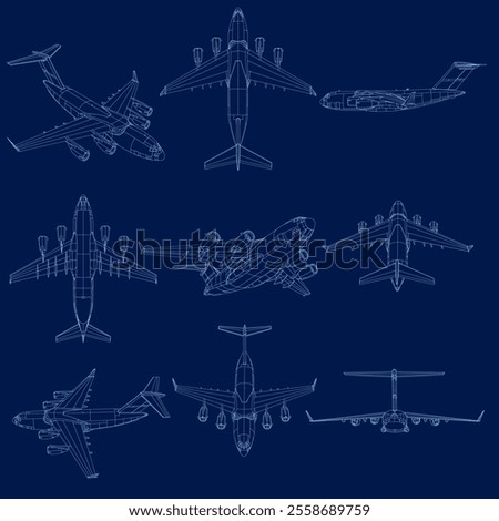 set of airplanes line art vector illustrations