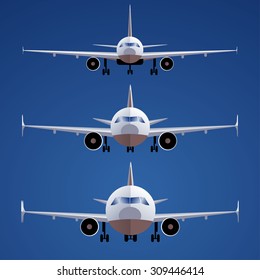 Set of airplanes on isolated on blue background. Front view. different scales. One of type of passenger transportation.
