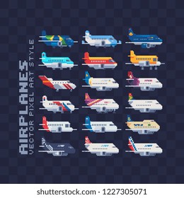 Set of airplanes pixel art icons, planes air transport, aircraft isolated vector flat style illustration. Design for stickers, logo, embroidery, mobile app. Video game assets 8-bit sprite sheet.