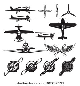 Set of airplanes, propellers. Aviation design elements for logo, label, sign, emblem. Vector illustration