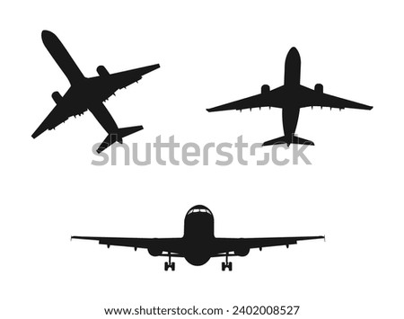 Set of airplanes silhouettes. flight, takeoff, running, landing, front, vector illustration of aircrafts. vector icons for web design isolated on white background. Vector illustration flat design.