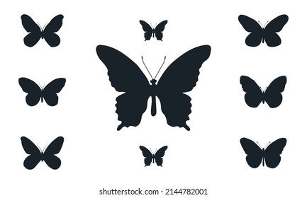 Conjunto de siluetas de aviones. Aviones: en vuelo, despegue, marcha, aterrizaje, frente, ascenso y perfil, ilustración vectorial de aeronaves