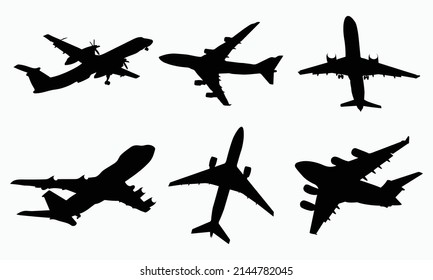 Set of airplanes silhouettes. Planes: in flight, takeoff, running, landing, front, up and profile, vector illustration of aircrafts