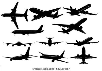 Set of airplanes silhouettes. Planes: in flight, takeoff, running, landing, front, up and profile, vector illustration of aircrafts
