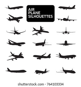 Set of airplanes silhouettes. Planes: in flight, takeoff, running, landing, front, up and profile, vector illustration of aircrafts