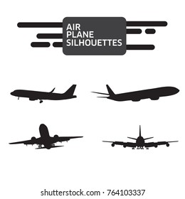 Set of airplanes silhouettes. Planes: in flight, takeoff, running, landing, front, up and profile, vector illustration of aircrafts