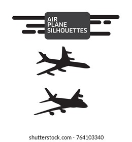 Set of airplanes silhouettes. Planes: in flight, takeoff, running, landing, front, up and profile, vector illustration of aircrafts