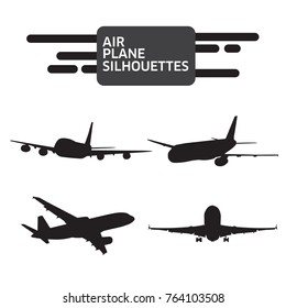 Set of airplanes silhouettes. Planes: in flight, takeoff, running, landing, front, up and profile, vector illustration of aircrafts