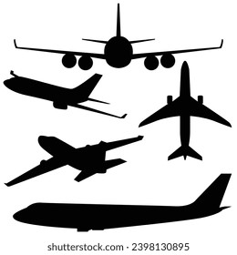 Set of airplanes silhouettes. Silhouette of plane. Passenger aircraft in different angles.