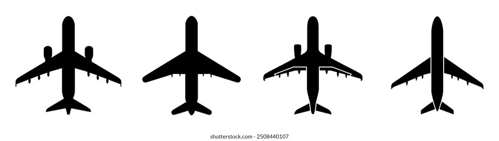 Conjunto de aviões modelo ícones planos em fundo transparente, ilustração de vetor de design plano, conceito de transporte