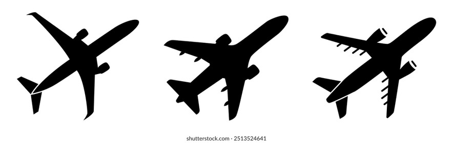 Conjunto de iconos planos de Plantilla de aviones sobre fondo transparente, Ilustración vectorial de diseño plano, concepto de transporte. NO IA GENERATIVO