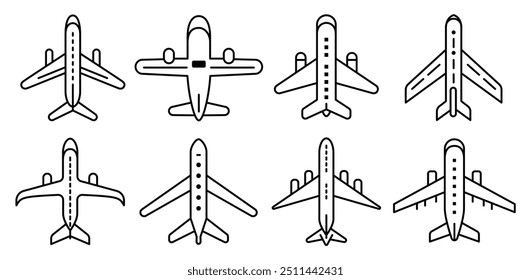 Set of Airplanes template line icons on transparent background, line design vector illustration, transport concept.