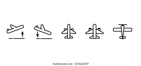 Set of airplanes vector. It contains symbols of airplanes: an airplane that goes up and down, an airplane with turbines, an airplane with a propeller. Line icons set.