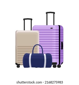 Set of airport baggage in vector cartoon style. Luggage suitcase and bag with handles. Isolated on white background