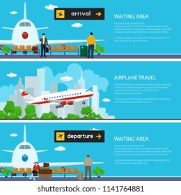 Set of Airport Banners, Airplane on the Background of the City, Waiting Room with Travelers and Luggage Bags and Scoreboard Departures and Arrivals, Air Travel Concept, Vector Illustration
