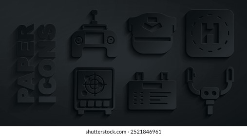 Set Airport board, Helicopter landing pad, Radar with targets on monitor, Aircraft steering helm, Pilot hat and Drone remote control icon. Vector