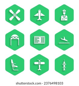 Set Airport board, Plane, Rocket, landing, Airplane seat, Aviator hat with goggles, Pilot and propeller icon. Vector