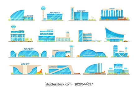 Set of airport building and airplanes, taxi, car, loader. Airplane on the runway. Architecture building airports set. Public transport bus, taxi, cars cartoon vector illustration