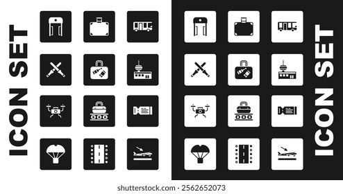 Set Airport bus, Suitcase, Marshalling wands, Metal detector airport, control tower, Airline ticket and Drone flying icon. Vector