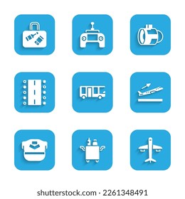 Set Airport bus, Trolley for food, Plane, takeoff, Pilot hat, runway, Jet engine turbine and Suitcase icon. Vector