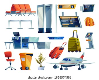 Set Of Airport Cartoon Icons Isolated. Vector Chairs Seats Row, Boarding Pass Gates, Check In Boards And Terminals. Plane, X-ray Scan, Luggage Bags, Litter Container And Plant, Kiosk Checking Flight