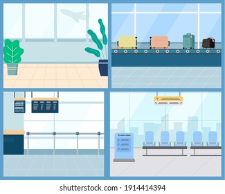 Set of airport concept elements. Passenger terminal and waiting rooml, carousel with suitcases, passport control. Air travelling concept vector illustration