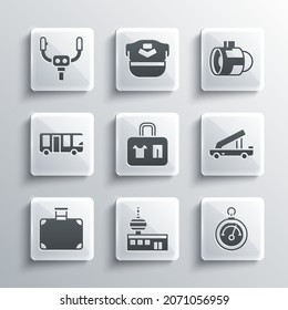 Set Airport control tower, Barometer, Passenger ladder, Suitcase, bus, Aircraft steering helm and Jet engine turbine icon. Vector
