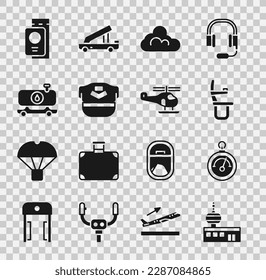 Set Airport control tower, Barometer, Airplane seat, Cloud weather, Pilot hat, Fuel tanker truck, Passport with ticket and Helicopter icon. Vector