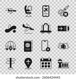 Set Airport control tower, Conveyor belt with suitcase, Airline ticket, Mobile, Plane landing, Escalator up,  and  icon. Vector