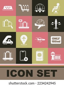 Set Airport control tower, Liquids in carry-on baggage, Plane, Globe with flying plane, Scale suitcase, Lost, Taxi roof and  icon. Vector