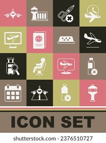 Coloque la torre de control del aeropuerto, sin botella de agua, aterrizaje del avión, tijeras, pasaporte e icono del techo del carro del taxi. Vector