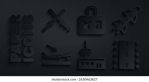 Set Airport control tower, Rocket, Plane landing, runway, Suitcase and Marshalling wands icon. Vector